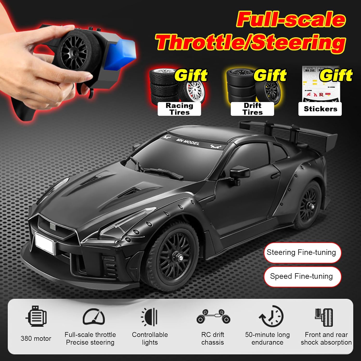 1:16 Scale 2.4GHz High-Speed Drift & Racing Remote Control Car with Rechargeable Battery & LED Lightning Effects