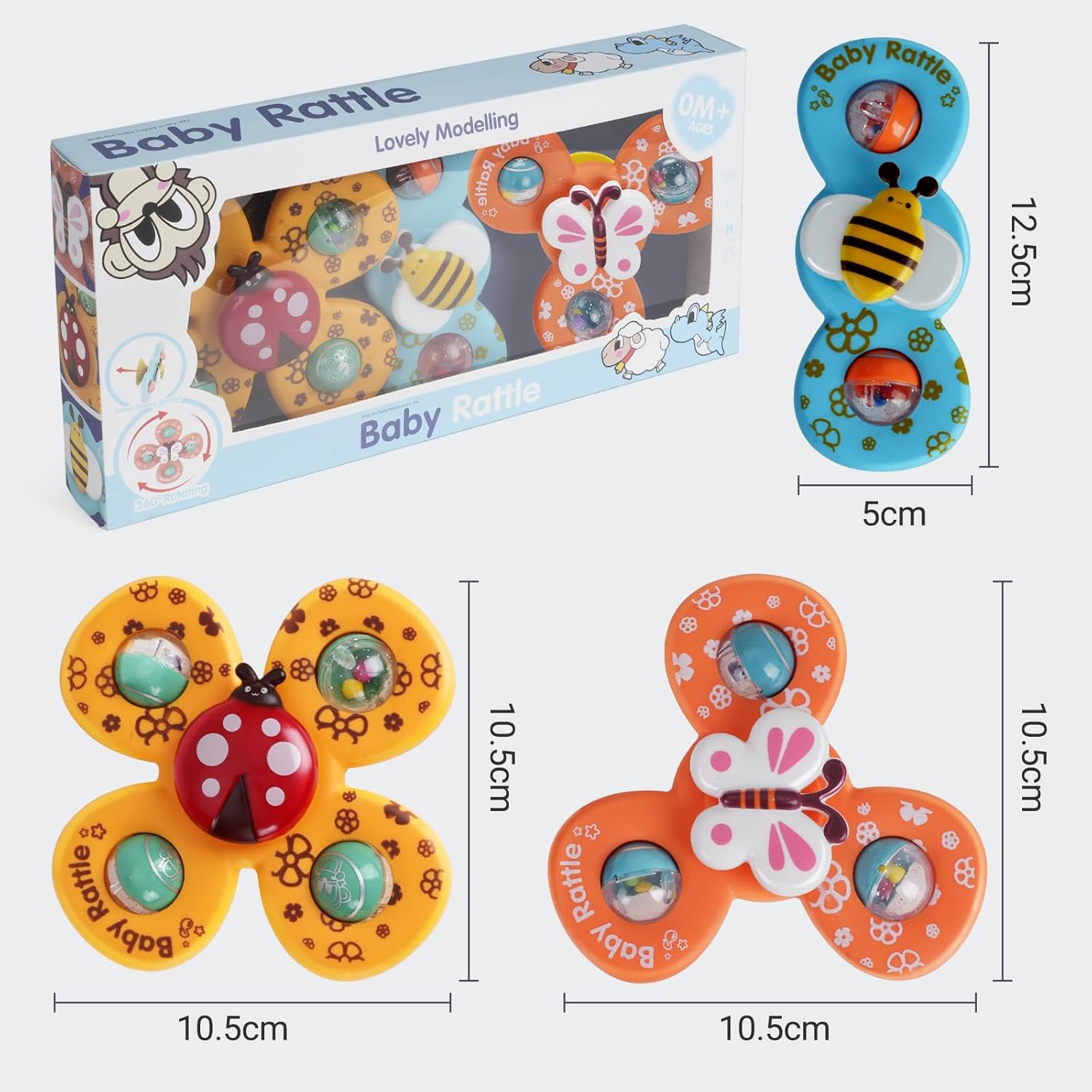 Baby Rattle Set With 3 Insect Themed Fidget Spinners